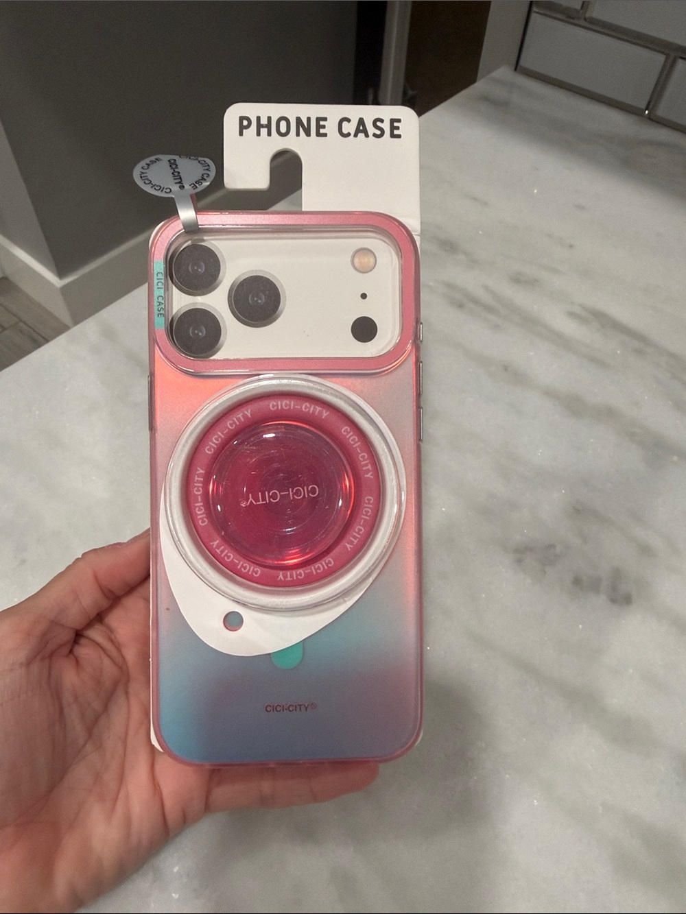 CICI-CITY Iridescent Pink to Blue Phone Case with Matching Pop Socket 17 pro max